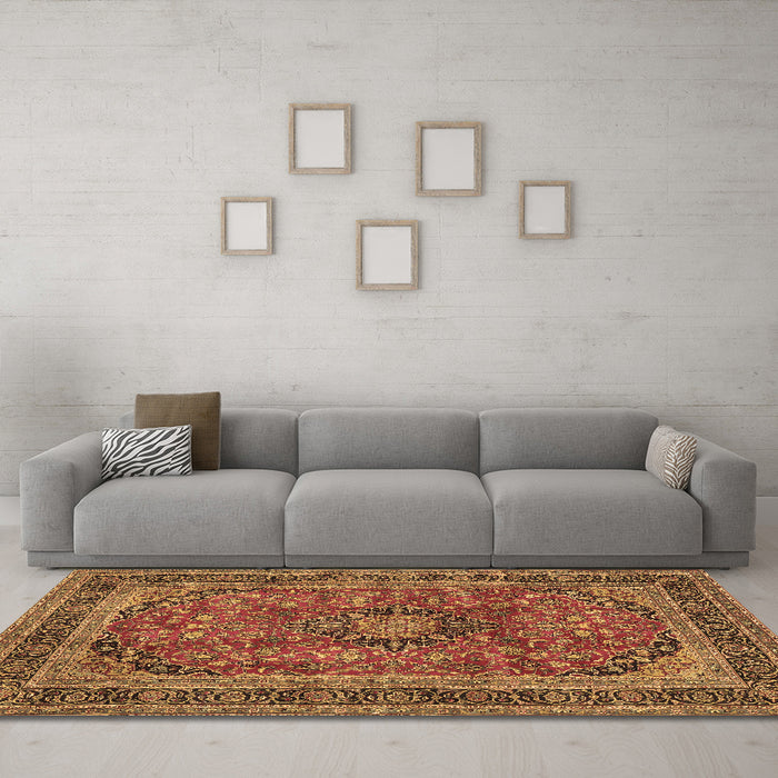 Machine Washable Medallion Brown Traditional Rug in a Living Room,, wshtr2602brn