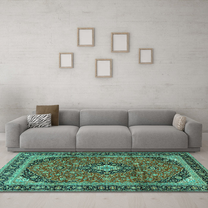 Machine Washable Persian Turquoise Traditional Area Rugs in a Living Room,, wshtr2603turq