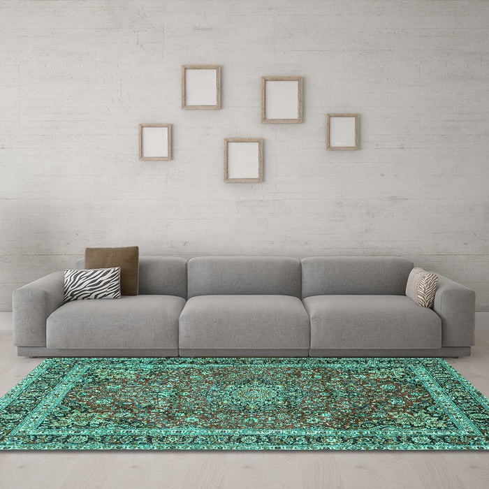 Machine Washable Persian Turquoise Traditional Area Rugs in a Living Room,, wshtr2604turq