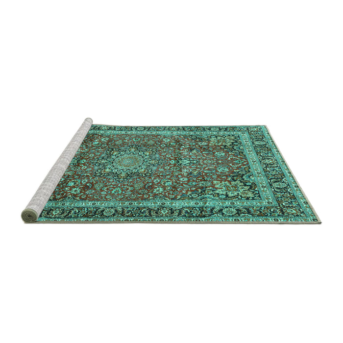 Sideview of Machine Washable Persian Turquoise Traditional Area Rugs, wshtr2604turq