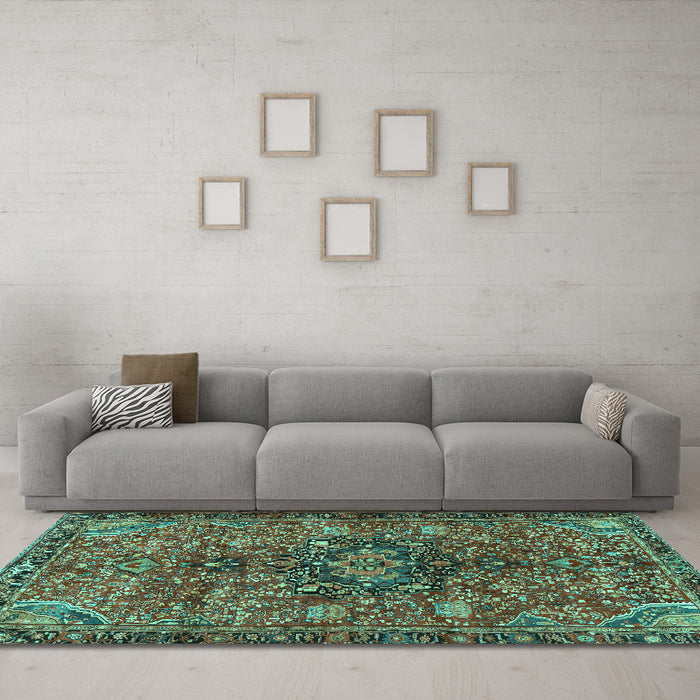 Machine Washable Persian Turquoise Traditional Area Rugs in a Living Room,, wshtr2606turq