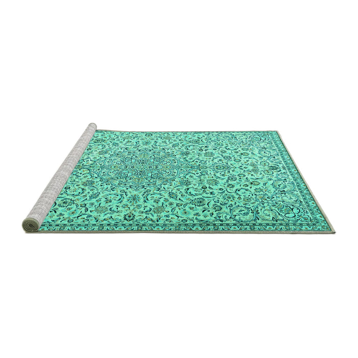 Sideview of Machine Washable Persian Turquoise Traditional Area Rugs, wshtr2607turq