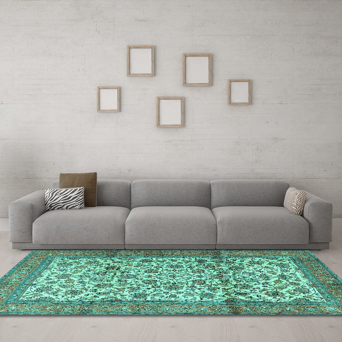 Machine Washable Persian Turquoise Traditional Area Rugs in a Living Room,, wshtr2609turq