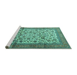 Sideview of Machine Washable Persian Turquoise Traditional Area Rugs, wshtr2609turq