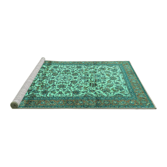 Sideview of Machine Washable Persian Turquoise Traditional Area Rugs, wshtr2609turq