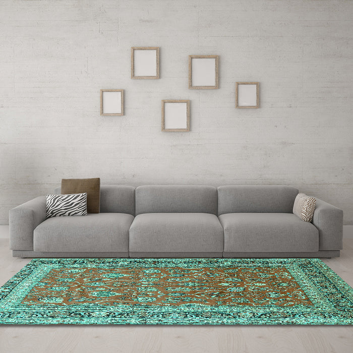 Machine Washable Persian Turquoise Traditional Area Rugs in a Living Room,, wshtr260turq
