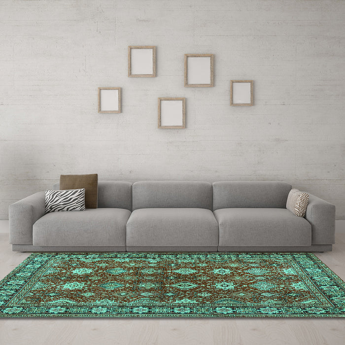 Machine Washable Persian Turquoise Traditional Area Rugs in a Living Room,, wshtr2612turq