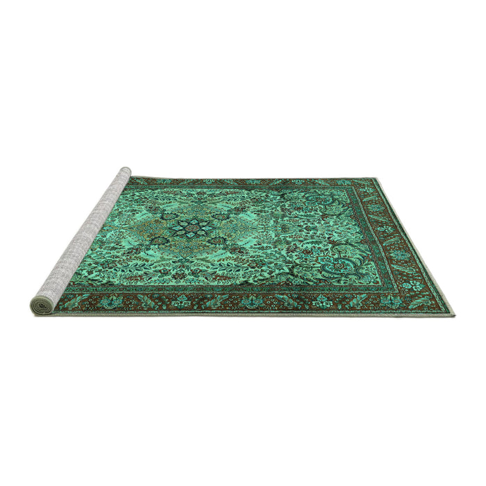 Sideview of Machine Washable Persian Turquoise Traditional Area Rugs, wshtr2613turq