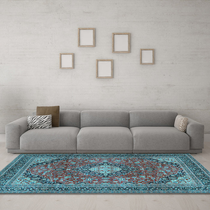 Machine Washable Medallion Light Blue Traditional Rug in a Living Room, wshtr2614lblu
