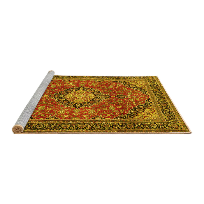 Sideview of Machine Washable Medallion Yellow Traditional Rug, wshtr2614yw