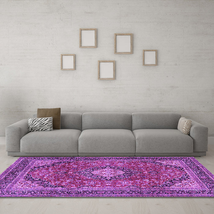 Machine Washable Medallion Purple Traditional Area Rugs in a Living Room, wshtr2614pur