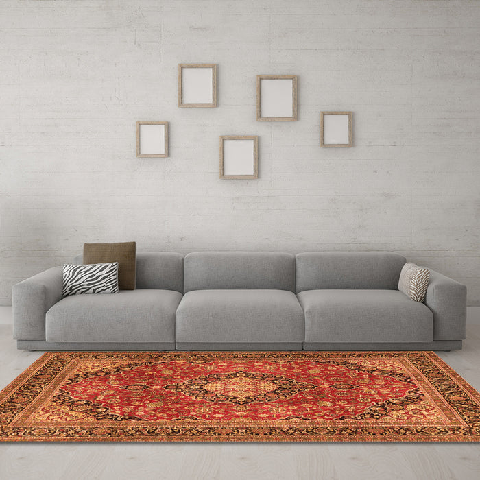 Machine Washable Medallion Orange Traditional Area Rugs in a Living Room, wshtr2614org