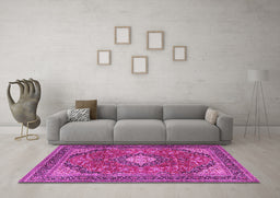 Machine Washable Medallion Pink Traditional Rug in a Living Room, wshtr2614pnk