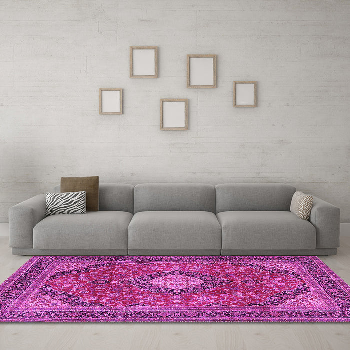 Machine Washable Medallion Pink Traditional Rug in a Living Room, wshtr2614pnk