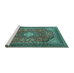Sideview of Machine Washable Medallion Turquoise Traditional Area Rugs, wshtr2614turq