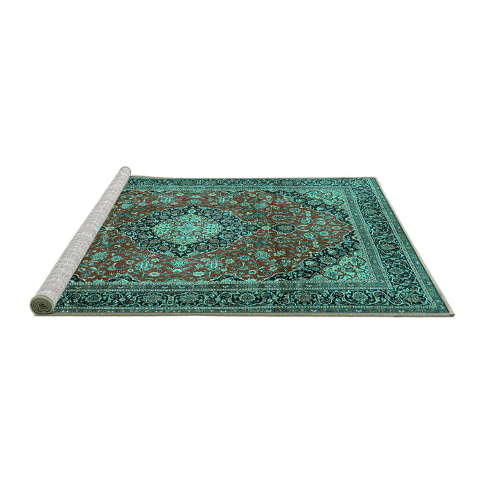 Sideview of Machine Washable Medallion Turquoise Traditional Area Rugs, wshtr2614turq