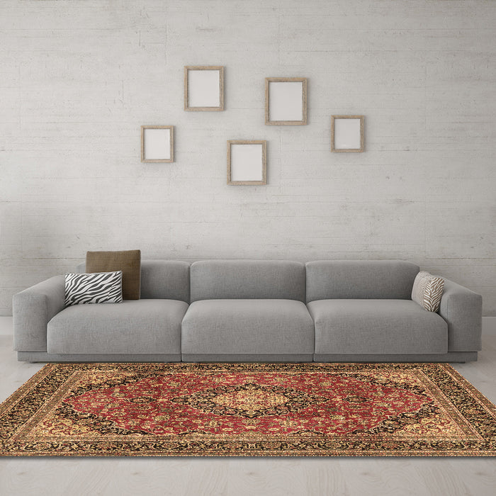 Machine Washable Medallion Brown Traditional Rug in a Living Room,, wshtr2614brn