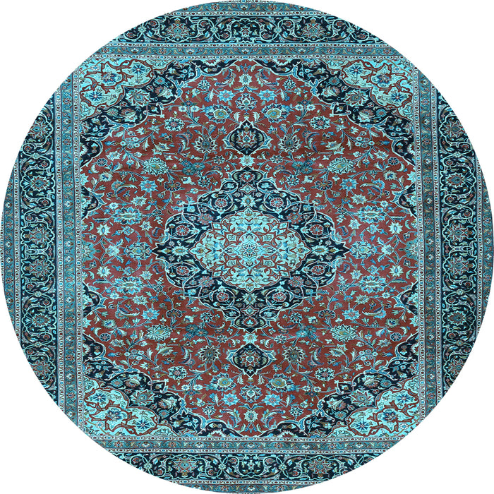Round Machine Washable Medallion Light Blue Traditional Rug, wshtr2614lblu