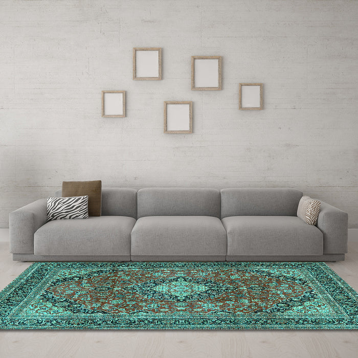 Machine Washable Medallion Turquoise Traditional Area Rugs in a Living Room,, wshtr2614turq