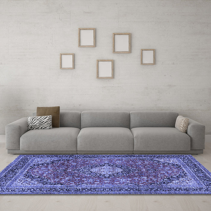 Machine Washable Medallion Blue Traditional Rug in a Living Room, wshtr2614blu