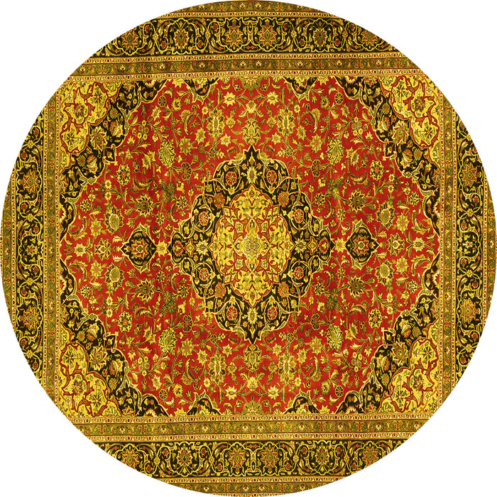 Round Machine Washable Medallion Yellow Traditional Rug, wshtr2614yw