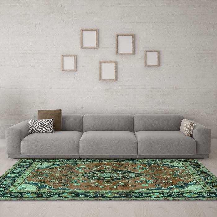 Machine Washable Persian Turquoise Traditional Area Rugs in a Living Room,, wshtr2615turq