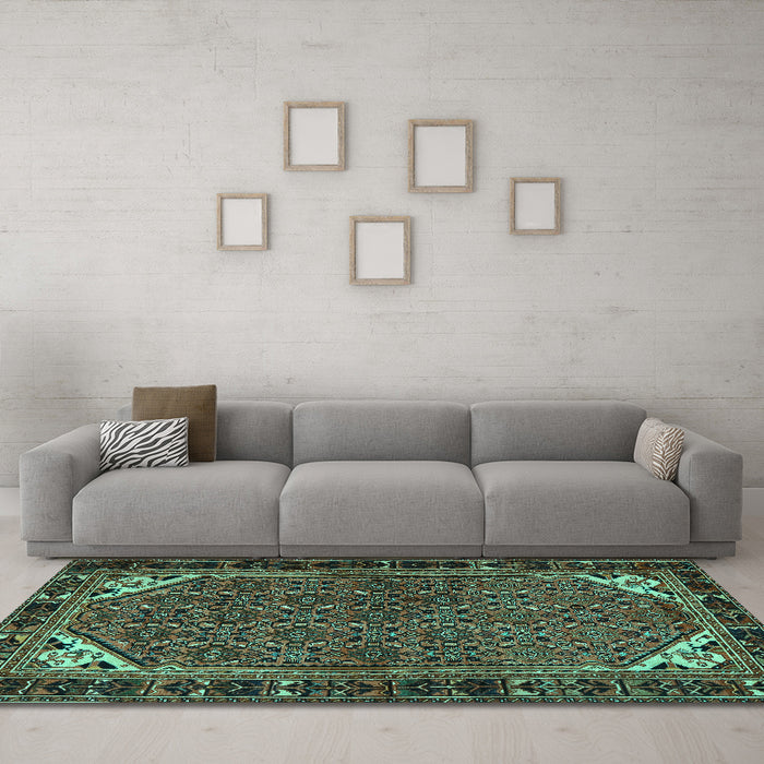 Machine Washable Persian Turquoise Traditional Area Rugs in a Living Room,, wshtr2617turq