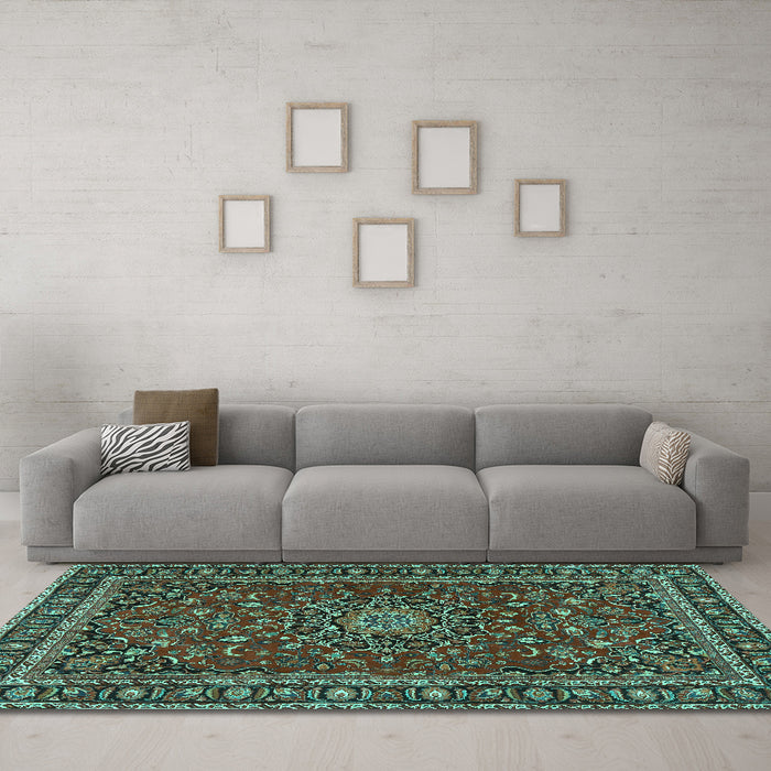 Machine Washable Persian Turquoise Traditional Area Rugs in a Living Room,, wshtr2618turq