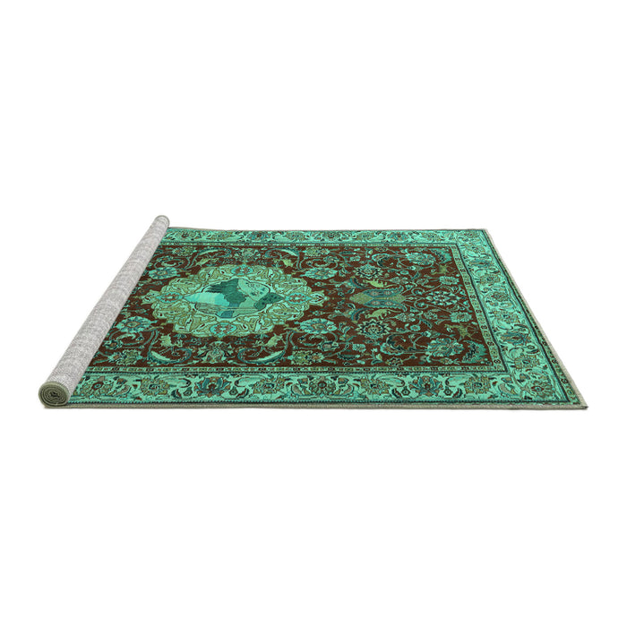 Sideview of Machine Washable Persian Turquoise Traditional Area Rugs, wshtr2619turq