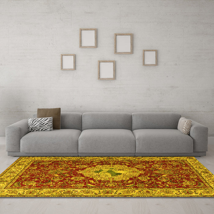 Machine Washable Persian Yellow Traditional Rug in a Living Room, wshtr2619yw