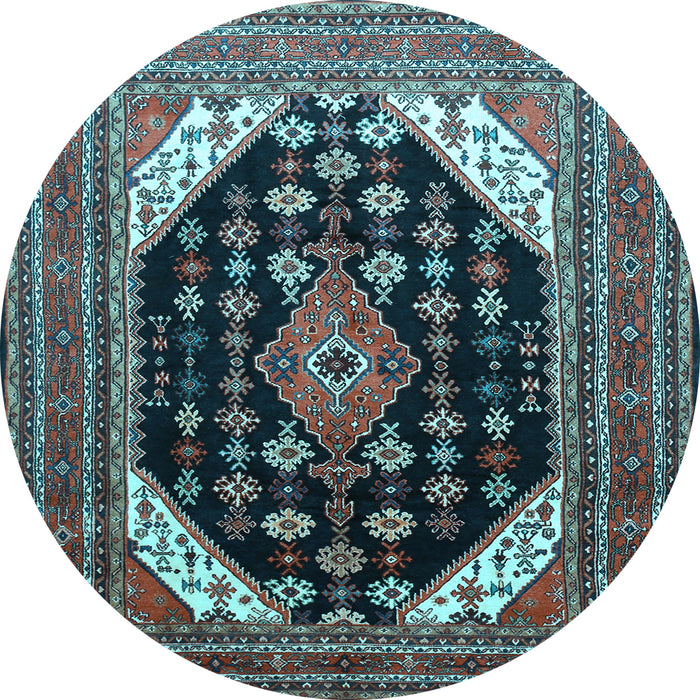 Round Machine Washable Medallion Light Blue Traditional Rug, wshtr261lblu