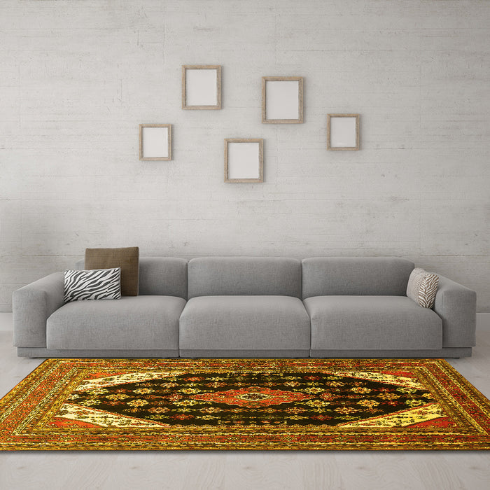 Machine Washable Medallion Yellow Traditional Rug in a Living Room, wshtr261yw