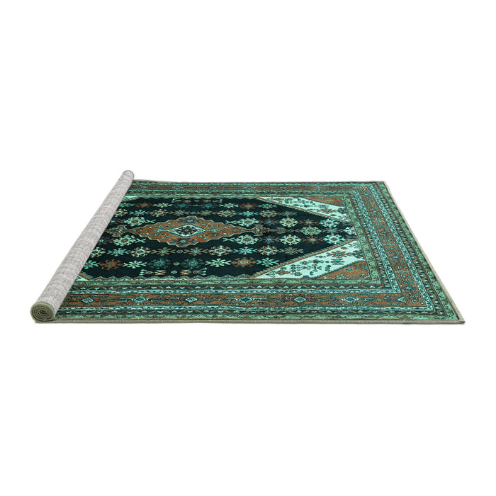 Sideview of Machine Washable Medallion Turquoise Traditional Area Rugs, wshtr261turq