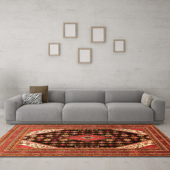 Machine Washable Medallion Orange Traditional Area Rugs in a Living Room, wshtr261org