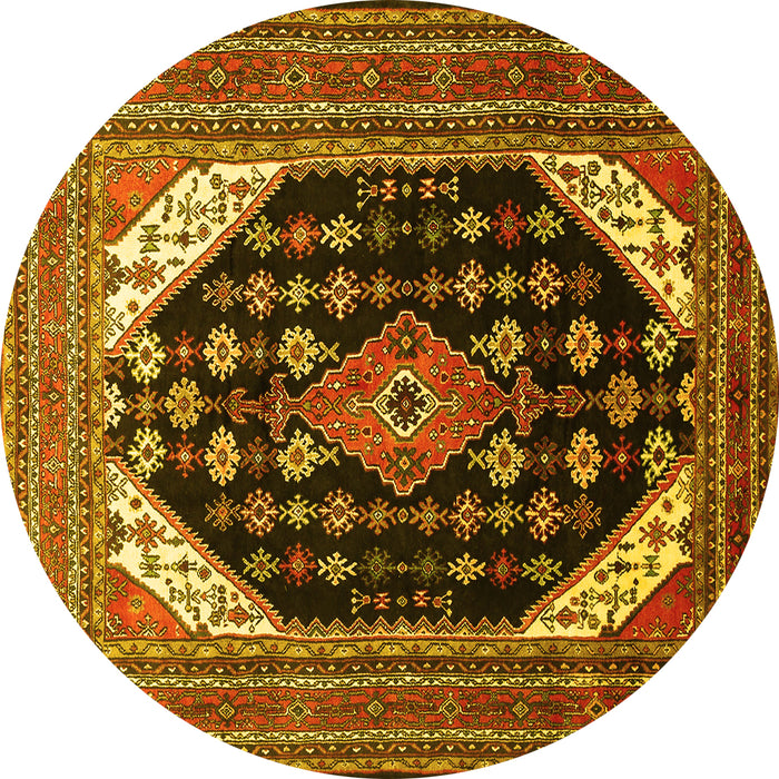 Round Machine Washable Medallion Yellow Traditional Rug, wshtr261yw