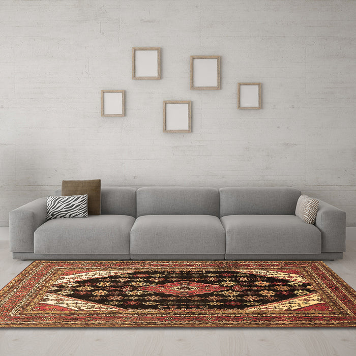 Machine Washable Medallion Brown Traditional Rug in a Living Room,, wshtr261brn