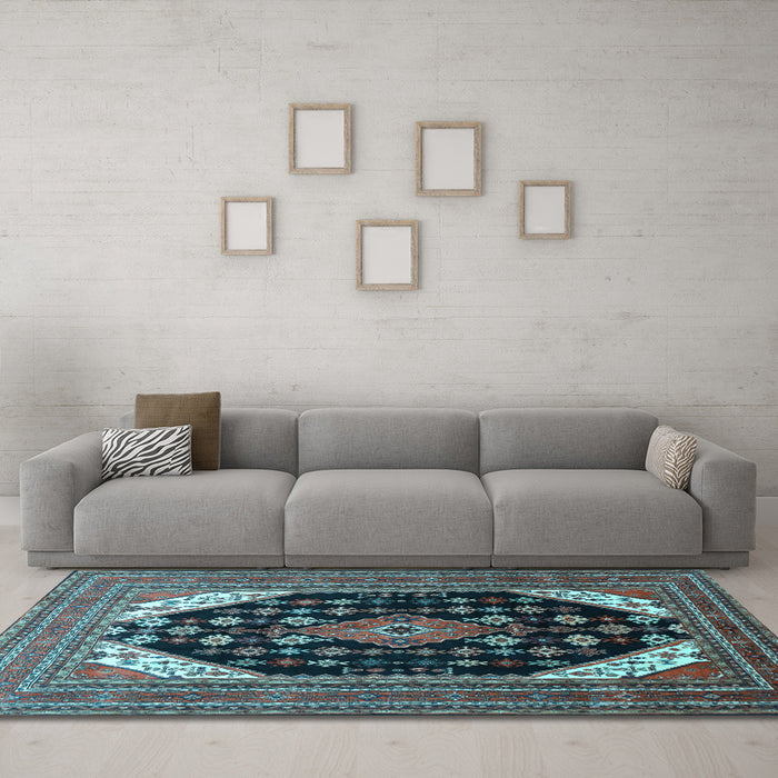 Machine Washable Medallion Light Blue Traditional Rug in a Living Room, wshtr261lblu