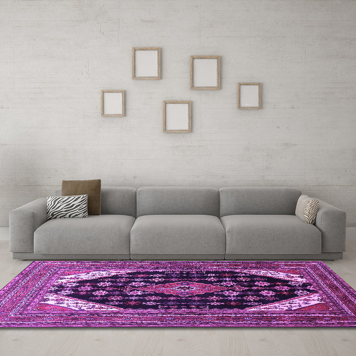 Machine Washable Medallion Purple Traditional Area Rugs in a Living Room, wshtr261pur