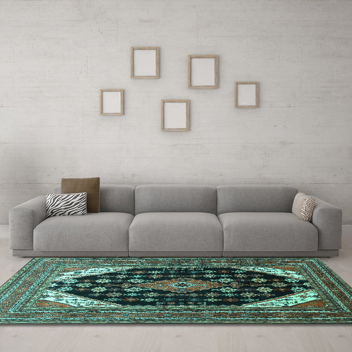 Machine Washable Medallion Turquoise Traditional Area Rugs in a Living Room,, wshtr261turq