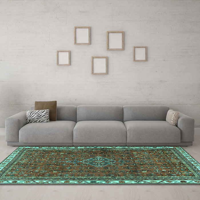 Machine Washable Persian Turquoise Traditional Area Rugs in a Living Room,, wshtr2620turq