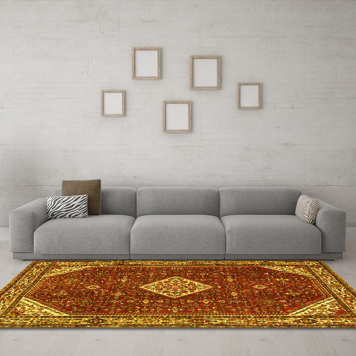 Machine Washable Medallion Yellow Traditional Rug in a Living Room, wshtr2621yw