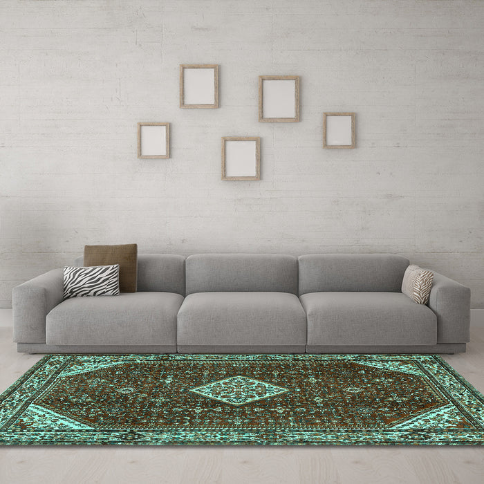 Machine Washable Medallion Turquoise Traditional Area Rugs in a Living Room,, wshtr2621turq