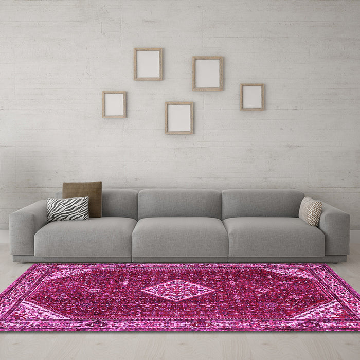 Machine Washable Medallion Pink Traditional Rug in a Living Room, wshtr2621pnk