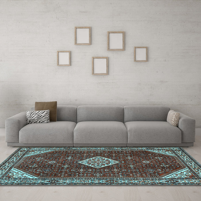 Machine Washable Medallion Light Blue Traditional Rug in a Living Room, wshtr2621lblu