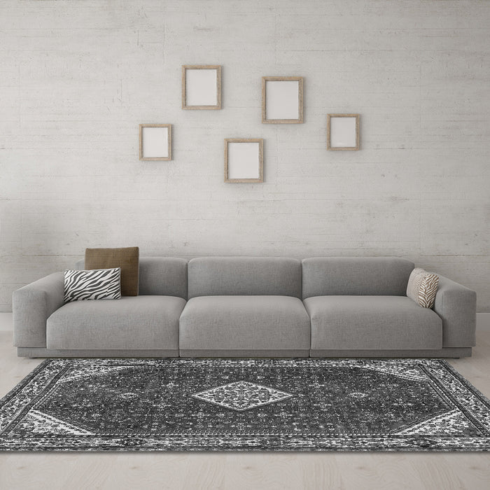 Machine Washable Medallion Gray Traditional Rug in a Living Room,, wshtr2621gry