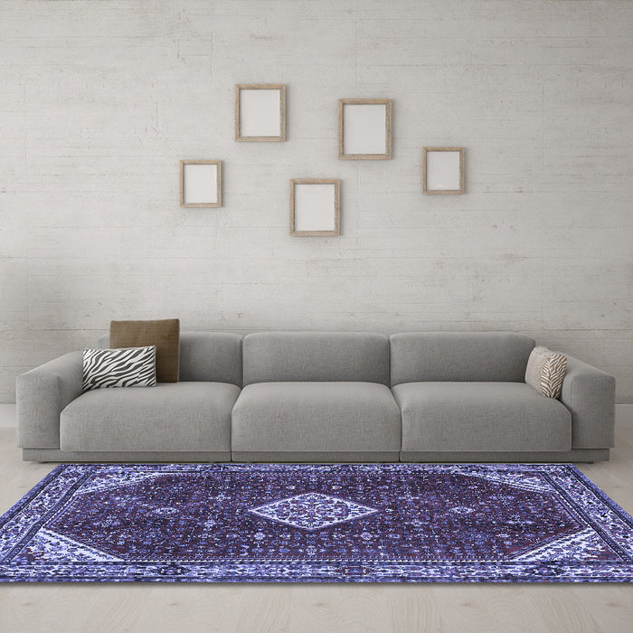 Machine Washable Medallion Blue Traditional Rug in a Living Room, wshtr2621blu