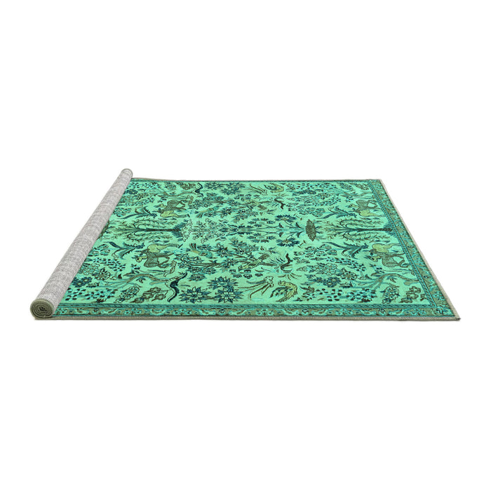 Sideview of Machine Washable Persian Turquoise Traditional Area Rugs, wshtr2622turq