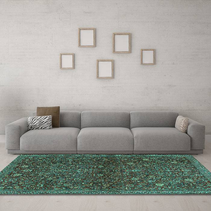 Machine Washable Persian Turquoise Traditional Area Rugs in a Living Room,, wshtr2623turq