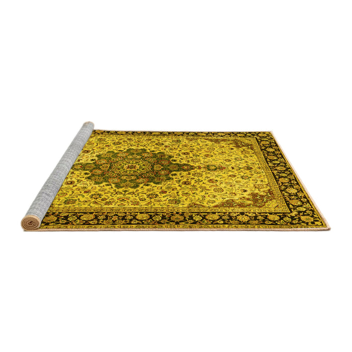 Sideview of Machine Washable Medallion Yellow Traditional Rug, wshtr2625yw
