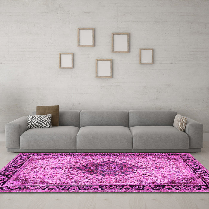 Machine Washable Medallion Pink Traditional Rug in a Living Room, wshtr2625pnk